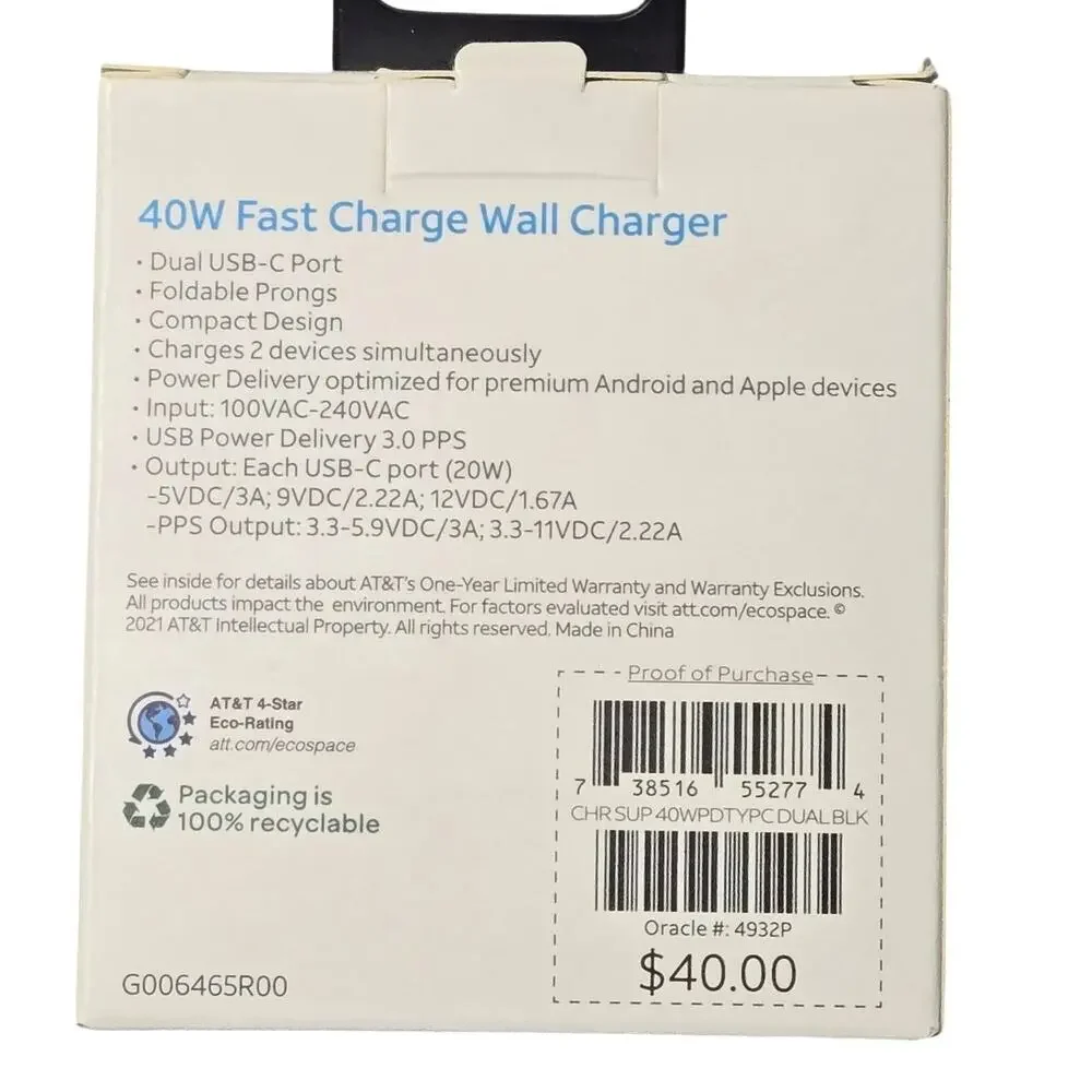 AT&T Wall Charger Fast Charge Dual USB-C 40W